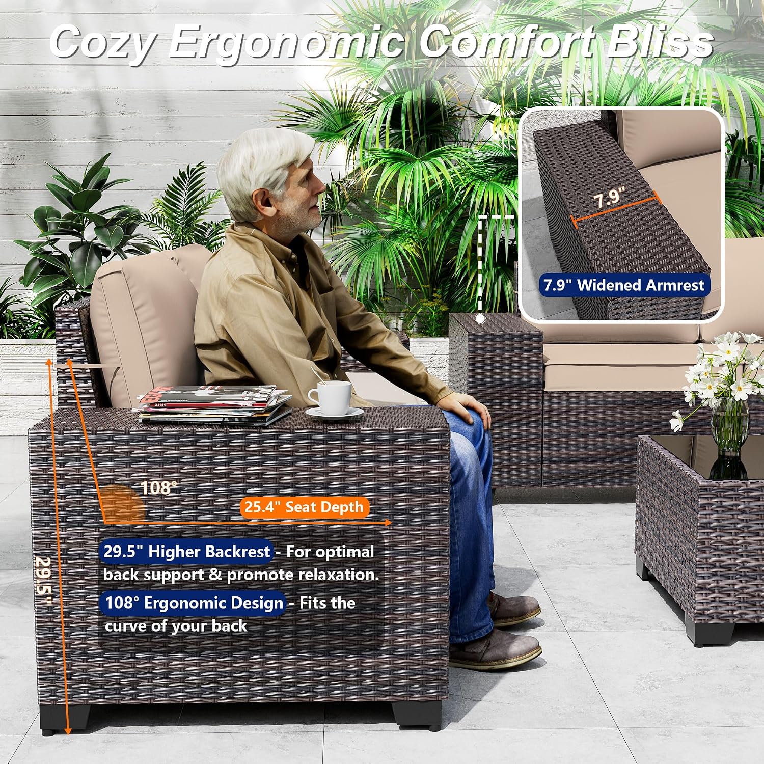 Outdoor Patio Furniture Set, 6 Pieces Outdoor Sectional Furniture High Backrest Patio Sofa, All-Weather PE Rattan Patio Conversation Set with Coffee Table & Cushions-Sand.
