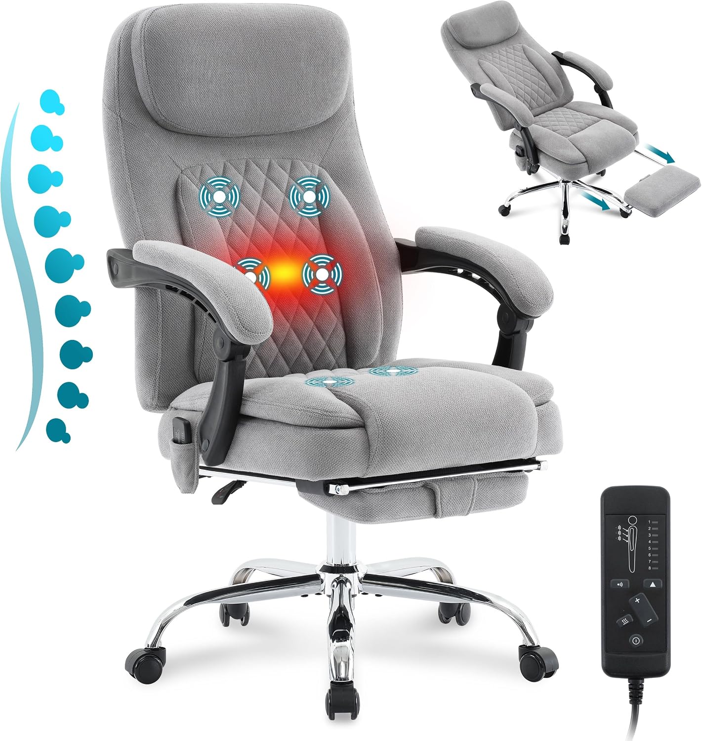 6-Point Massage Ergonomic Office Chair with Heated, Footrest & 45Reclining High Back, Big and Tall Executive Desk Chair 500LBS, Thick Cushion for Home Office, Grey