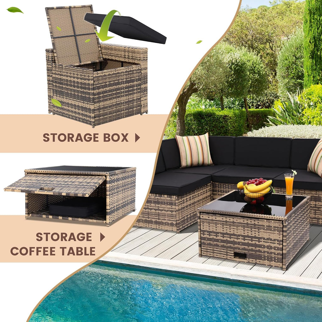 KROFEM 8-Piece Patio Furniture Set, Outdoor Wicker Rattan Sectional with Thick Cushions, Glass Top Table with Hidden Storage, Outdoor Conversation Set for Backyard, Porch, Patio, Black