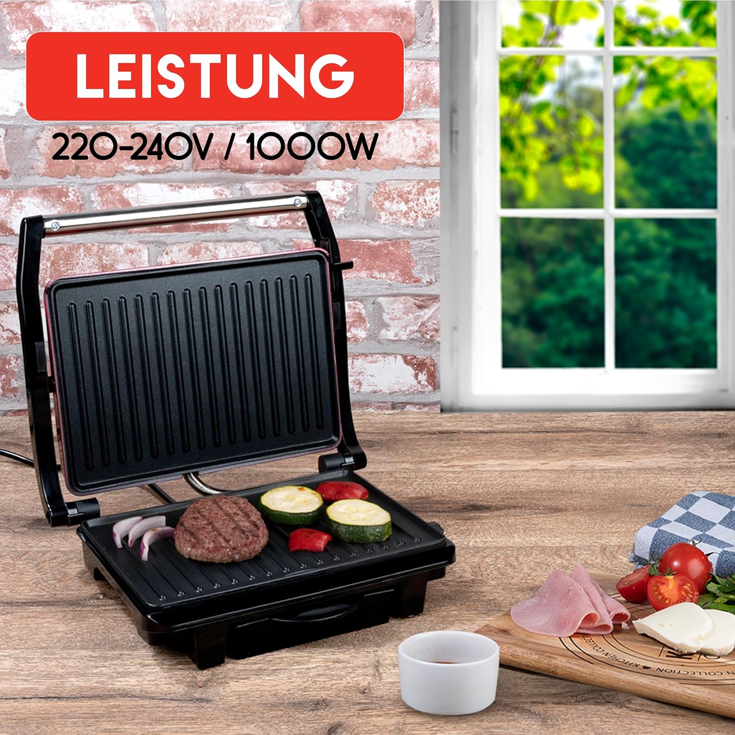 ALPINA 8711252252773 Contact Grill - 230V/1000W - Sandwich maker - Panini Grill - Vegetable, Bread and Meat - Non-stick - Drip tray - Black/Red
