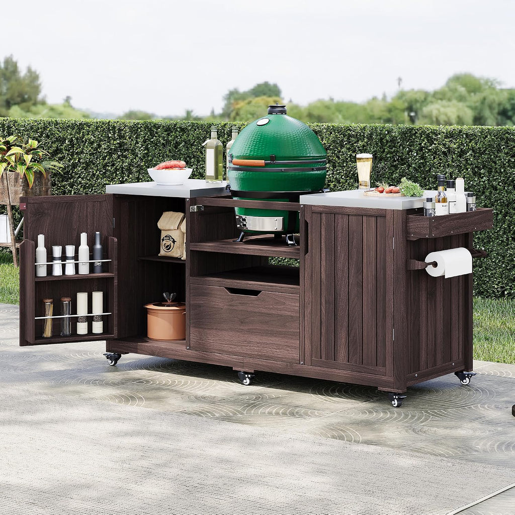 Merax 66.5' Outdoor Grill Table for Big Green Egg, Farmhouse Kitchen Island on Wheels with Stainless Steel Tabletop, Drawer and Spice Rack, Solid Wood Outdoor Storage Cabinet for Backyard, Dark Brown