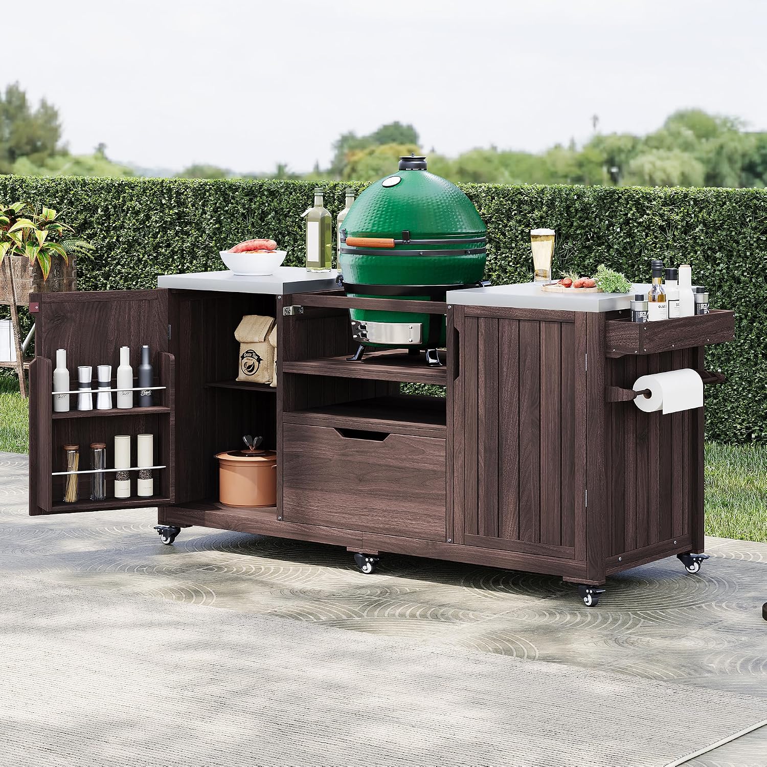 Merax 66.5' Outdoor Grill Table for Big Green Egg, Farmhouse Kitchen Island on Wheels with Stainless Steel Tabletop, Drawer and Spice Rack, Solid Wood Outdoor Storage Cabinet for Backyard, Dark Brown
