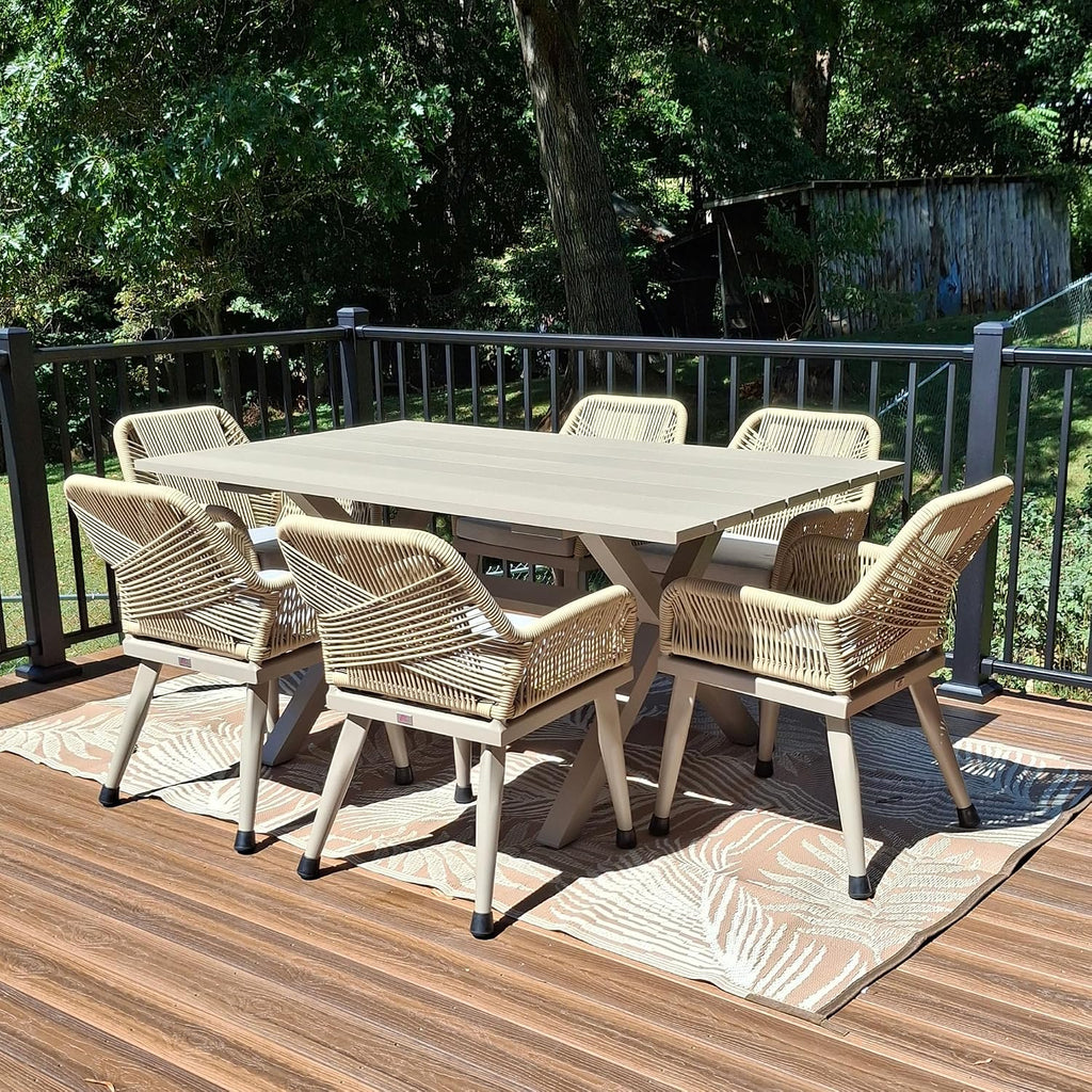 PURPLE LEAF Outdoor Patio Dining Set All-Weather PE Rattan Furniture Set with All Aluminum Frame Rectangular 7 Pieces Table and Chairs Set for 6 People Lawn Garden Backyard Deck, Champagne