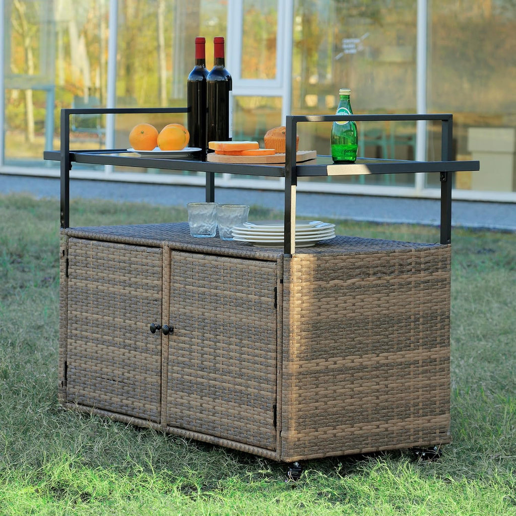 Wicker Outdoor Bar Cart - Brown Patio Console Table Buffet Storage Cabinet Serving Kitchen Cart with Wheels for Outside Backyard