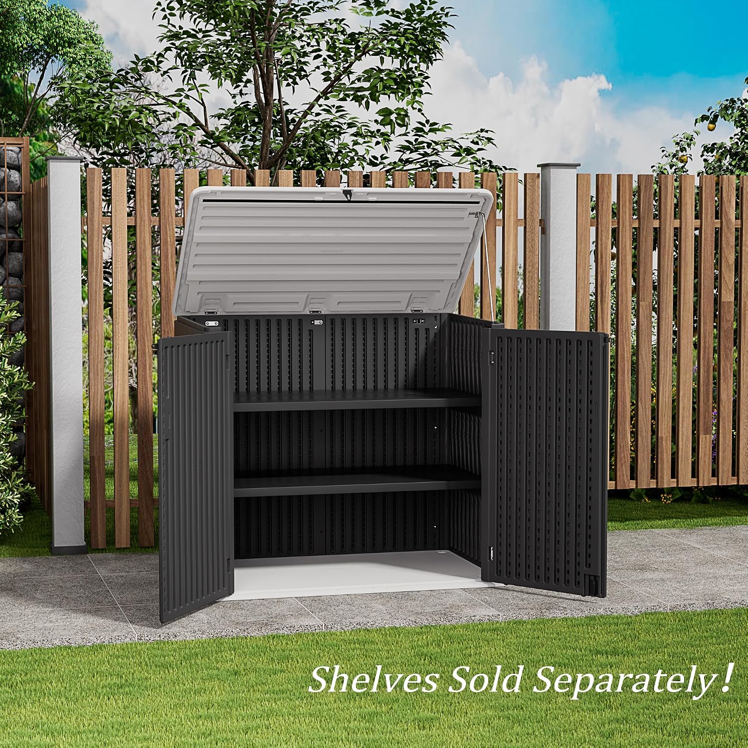 HOMSPARK Storage Shed Weather Resistance, Multi-Purpose Outdoor Storage Cabinet for Backyards and Patios, Horizontal Storage Shed for Lawnmower, Patio Accessories (Black & White, Large - 48 cu.ft)