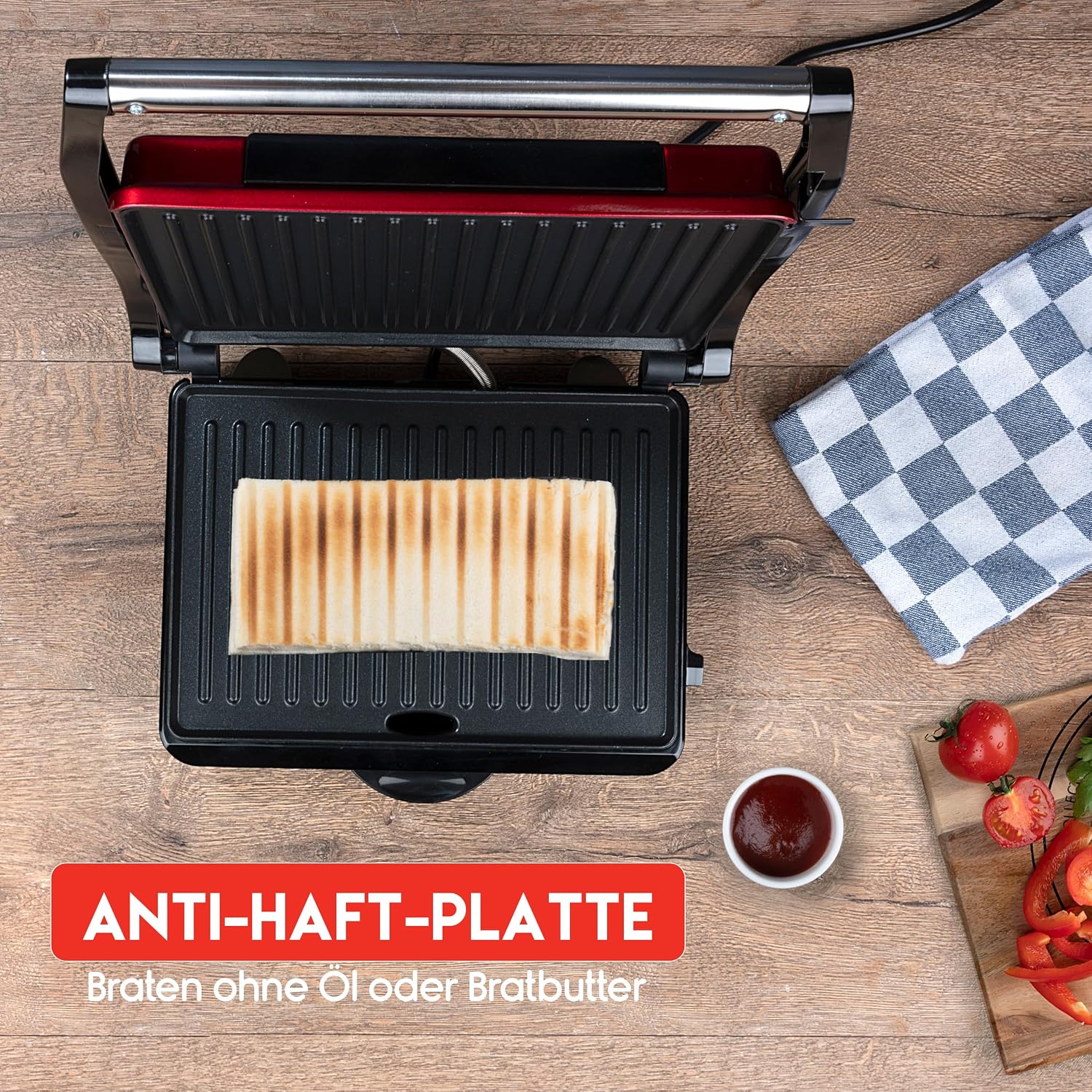 ALPINA 8711252252773 Contact Grill - 230V/1000W - Sandwich maker - Panini Grill - Vegetable, Bread and Meat - Non-stick - Drip tray - Black/Red