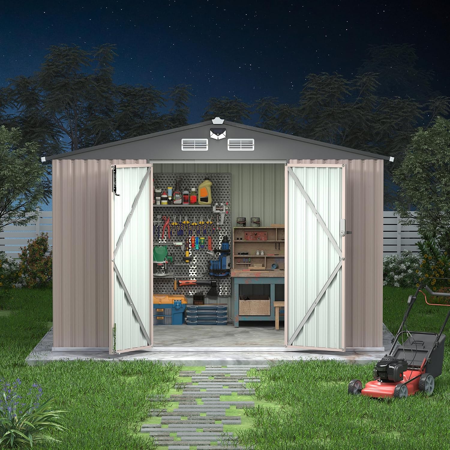 8x10 FT Metal Storage Sheds Outdoor, Metal Yard Sheds Metals Garden Shed Kit with Solar Light, MetalTool Shed with Lockable Door, Metals UtilitySheds Buildings with Air Vent for Backyard