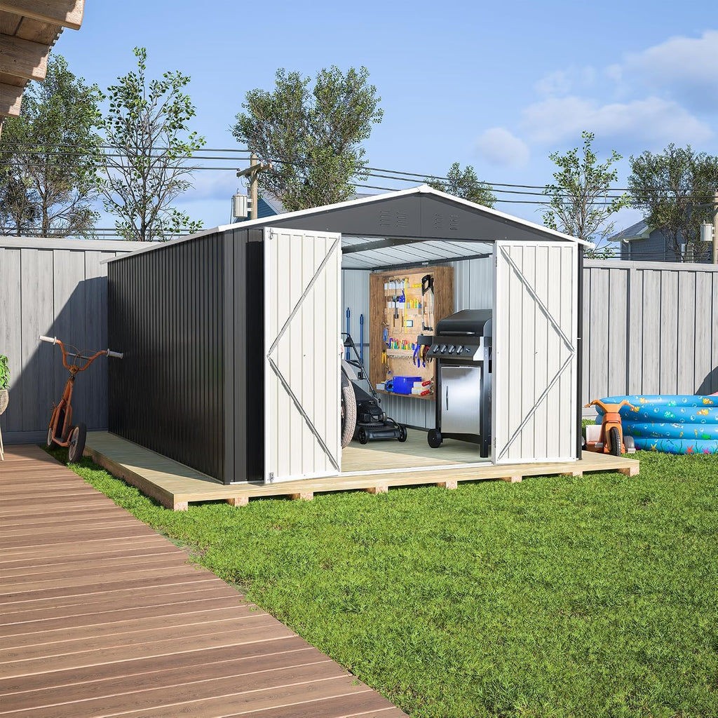 Ball & Cast 10×12 FT Outdoor Storage Shed,Metal Waterproof Tool Sheds with Lock and Key,Heavy-Duty Sheds Unit W/Doors and Vents,Galvanized Steel Garden House for Storing Bicycles,Barbeques,Black