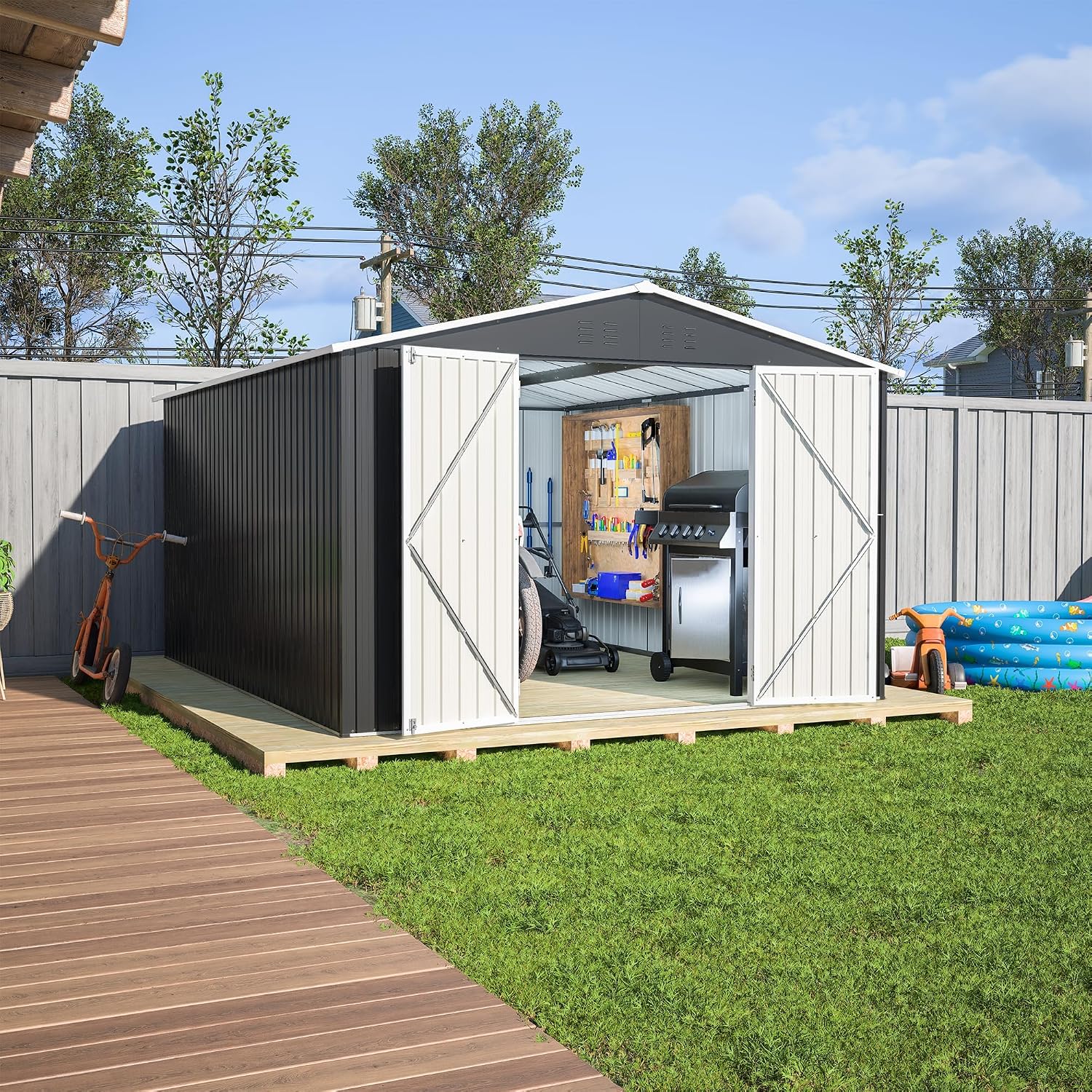 Ball & Cast 10×12 FT Outdoor Storage Shed,Metal Waterproof Tool Sheds with Lock and Key,Heavy-Duty Sheds Unit W/Doors and Vents,Galvanized Steel Garden House for Storing Bicycles,Barbeques,Black