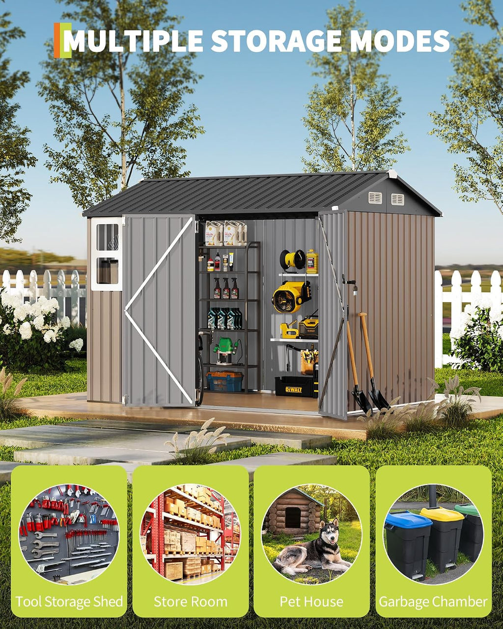 GarveeLife 6x8 ft Outdoor Storage Shed, Metal Garden Tool Shed with Updated Frame Structure, Lockable Doors and Windows, Ideal for Backyard Garden Patio Lawn, Brown