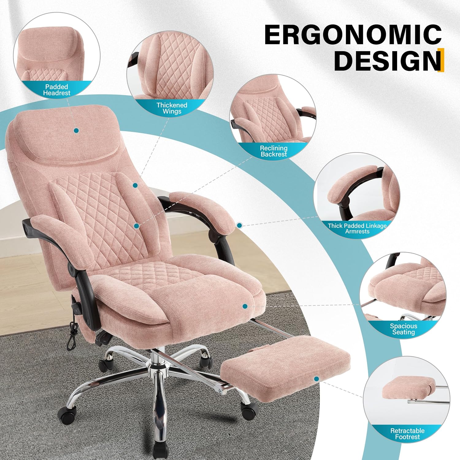 6-Point Massage Office Chair with Heated, Ergonomic Office Chair with Footrest & 45°Reclining High Back, Big and Tall Executive Office Chair 500LBS, Thick Cushion Desk Chair for Home Office, Pink