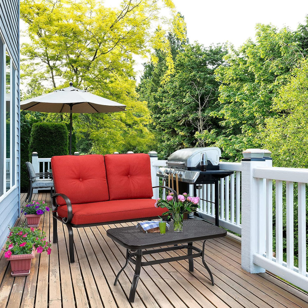 Giantex Patio Loveseat with Coffee Table Outdoor Bench with Cushion and Metal Frame, Loveseat Porch Furniture Set Sofa for Garden, Yard, Patio or Poolside (Red & Black)