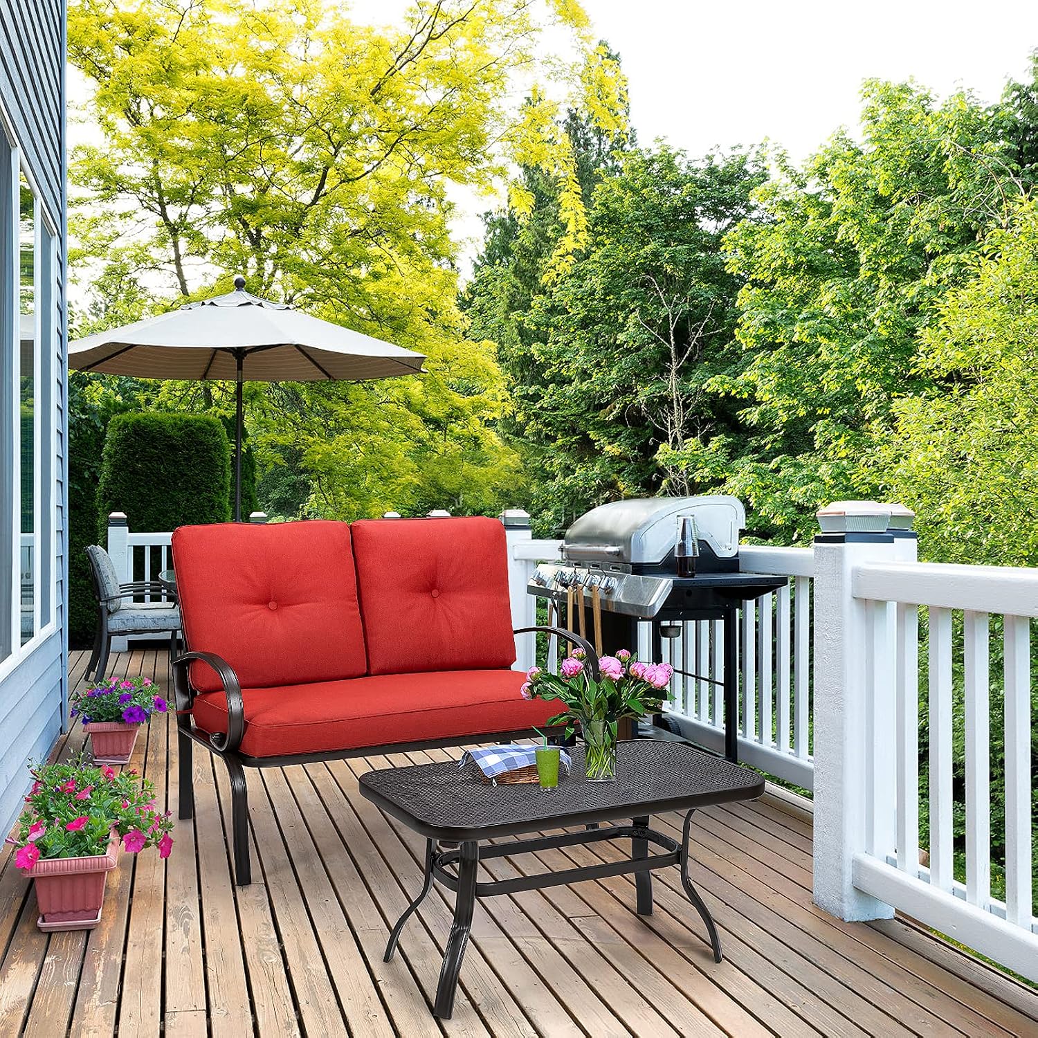 Giantex Patio Loveseat with Coffee Table Outdoor Bench with Cushion and Metal Frame, Loveseat Porch Furniture Set Sofa for Garden, Yard, Patio or Poolside (Red & Black)