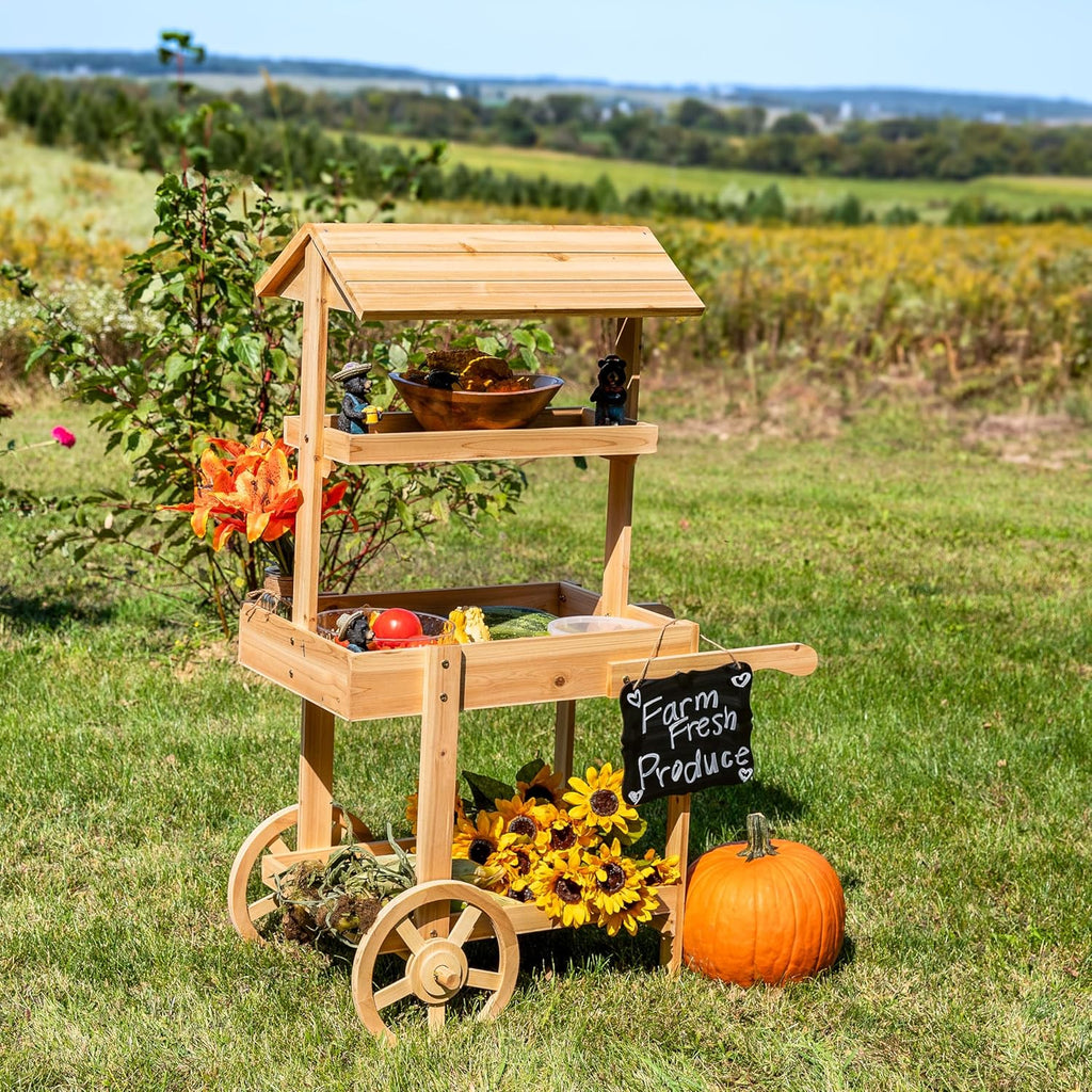 Sunnydaze Country Market Flower Cart Display Stand with Wheels - 2 Shelves - Fir Wood - 30 lb Weight Capacity - Natural Fir