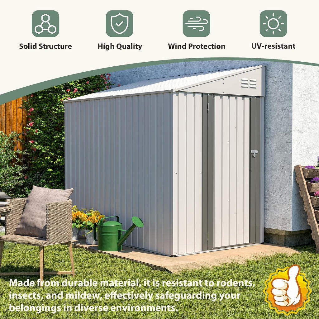 4 × 7 FT Lean to Storage Shed, Outdoor Metal Wall Side Bike Mower Sheds & Outdoor Storage Cabinet, Lockable Tool Organization Shed for Garden Patio