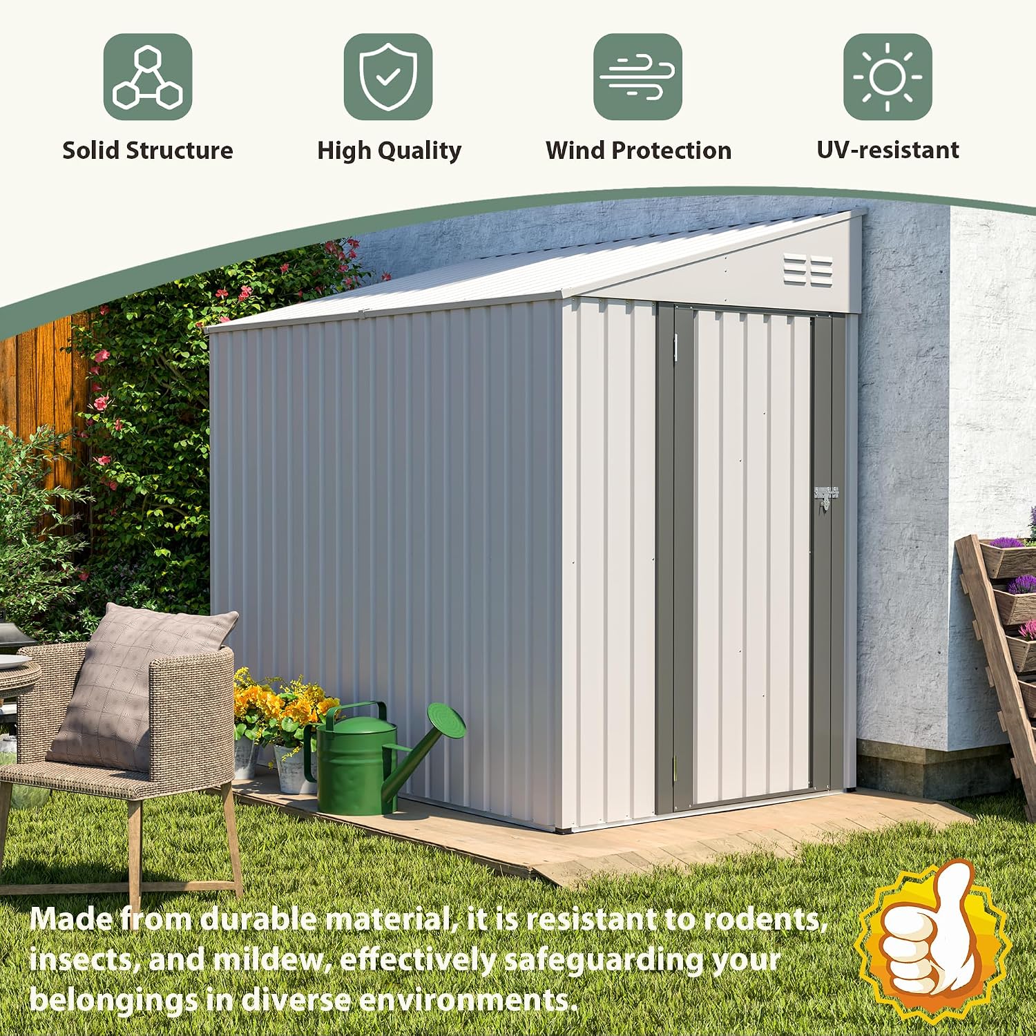 4 × 7 FT Lean to Storage Shed, Outdoor Metal Wall Side Bike Mower Sheds & Outdoor Storage Cabinet, Lockable Tool Organization Shed for Garden Patio