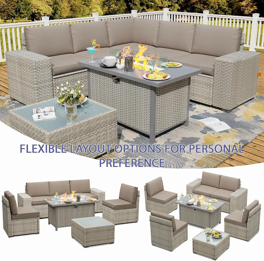 7 Piece Patio Furniture Set with 50,000 BTU Rattan Fire Pit Table that Converts to Coffee Table, 9.8' Wide Arm Sectional Sofa with Storage Armrests, Outdoor Rattan Conversation Set, Khaki