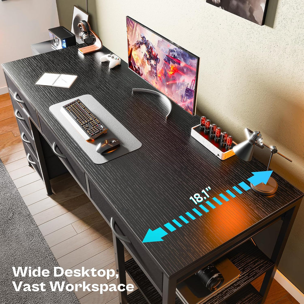 Huuger Computer Desk with 6 Drawers, Office Desk with Shelves, Reversible Gaming Desk, Corner Desk with Storage, Work for Home Office, Study, Living Room, 54inch, Black