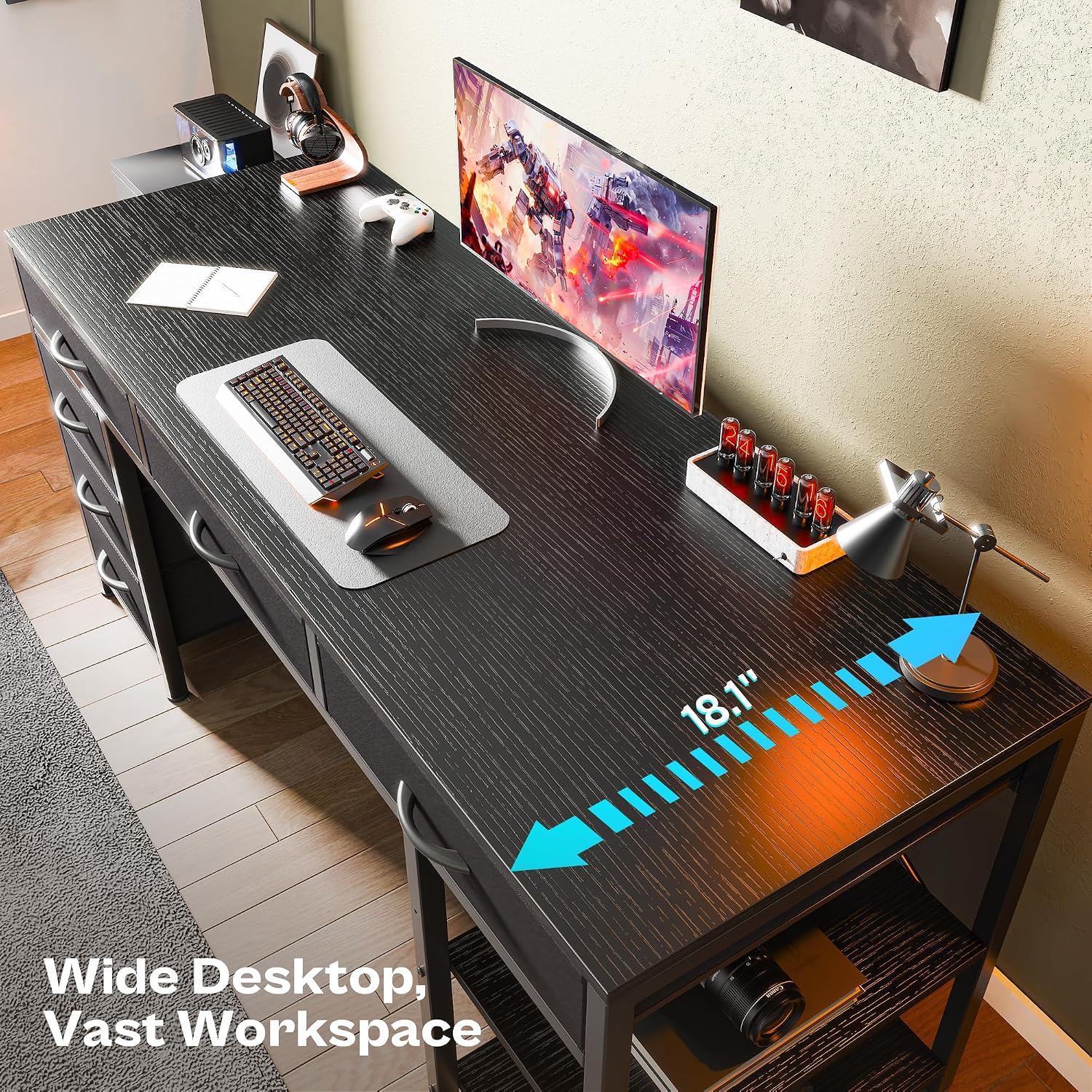 Huuger Computer Desk with 6 Drawers, Office Desk with Shelves, Reversible Gaming Desk, Corner Desk with Storage, Work for Home Office, Study, Living Room, 54inch, Black