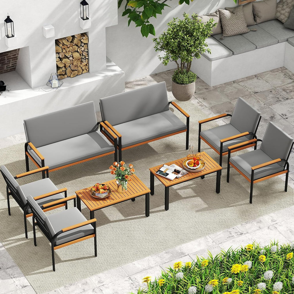 Tangkula 8 Pieces Patio Furniture Set, Outdoor Conversation Set with Acacia Wood Coffee Table, Cushioned Loveseat & 2 Single Armrest Chairs, for Porch, Garden, Backyard, Poolside
