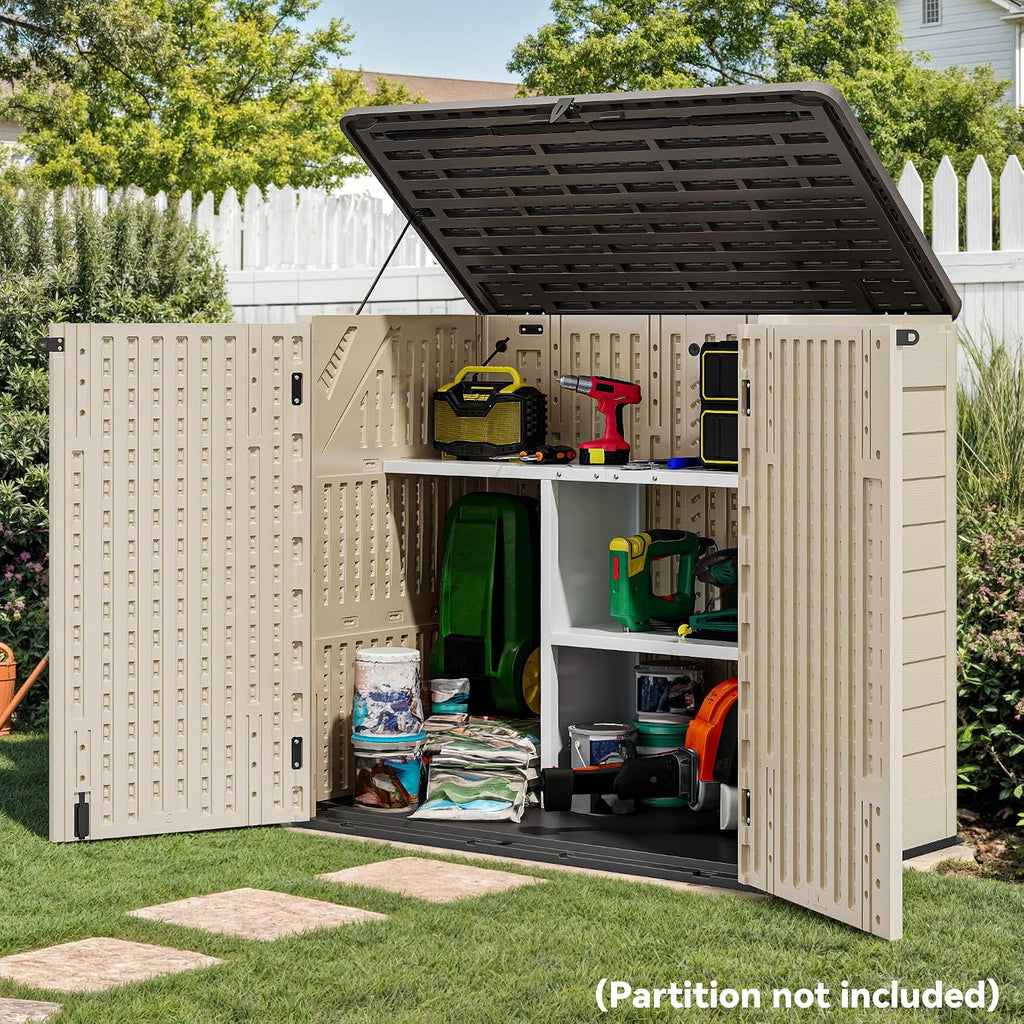 YITAHOME Outdoor Storage Shed w/o Shelf, 30 cu ft Horizontal Storage Shed Outdoor, Resin Waterproof Storage Cabinet for Garage, Poolside, Bikes, and Garden (Khaki + Black)