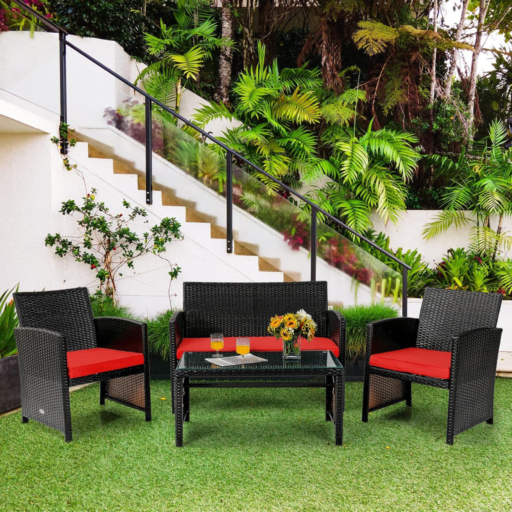 Tangkula 8 Pieces Rattan Furniture Set, Outdoor Conversation Set w/Chair & Loveseat & Tempered Glass Coffee Table, Suitable for Garden, Backyard, Poolside, Patio Furniture Set for 8 (2, Red)