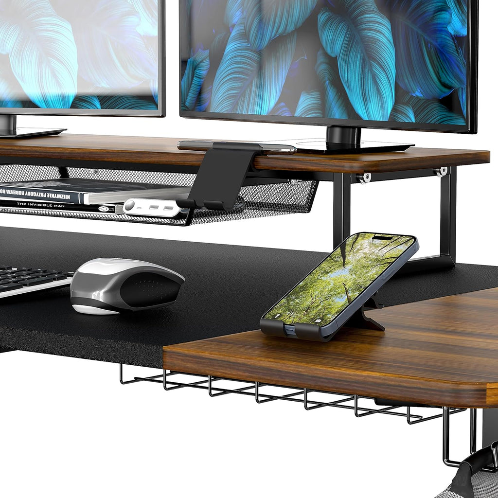 SHW 62-Inch Electric Height Adjustable Standing Desk with Monitor Riser and Drawer, Walnut