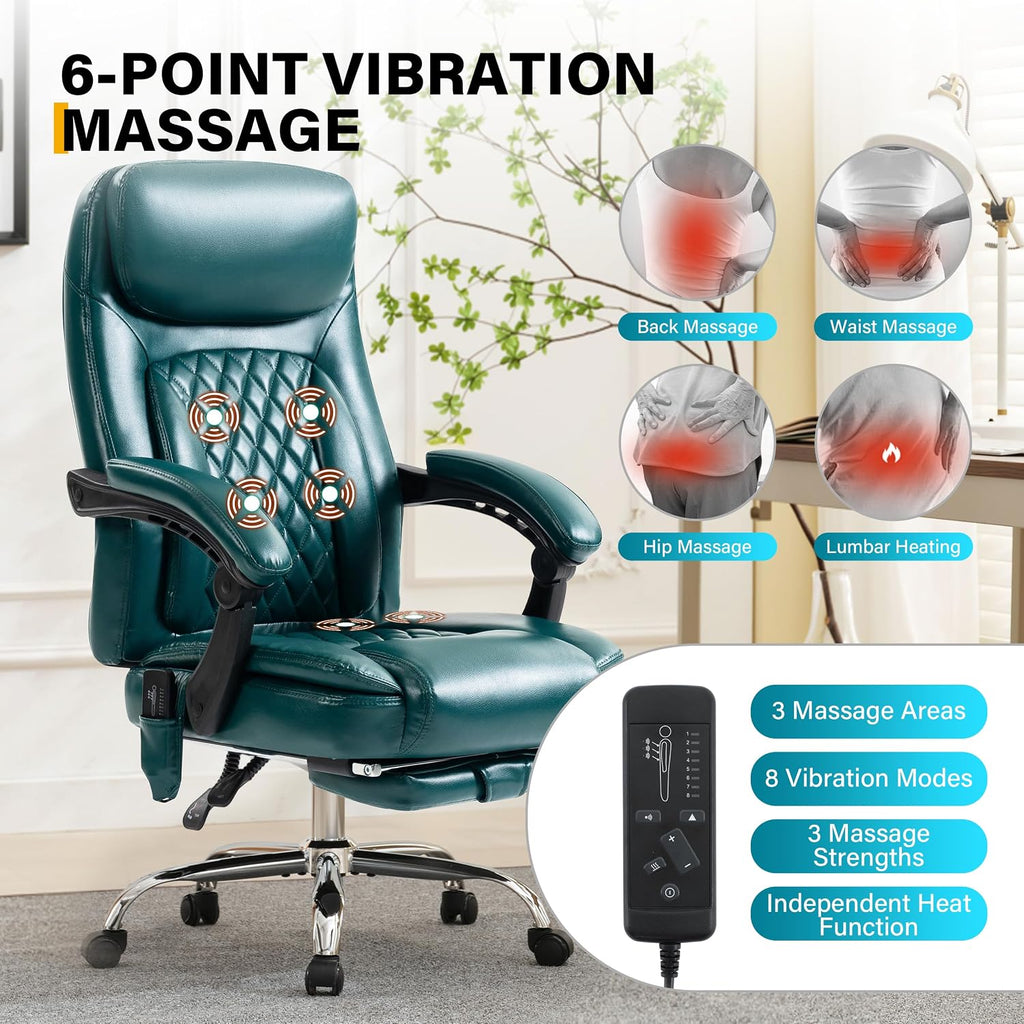 6-Point Massage Office Chair with Heated, Ergonomic Office Chair with Footrest & 45°Reclining High Back, Big and Tall Executive Office Chair 500LBS, Thick Cushion Desk Chair for Home Office, Green(PU)