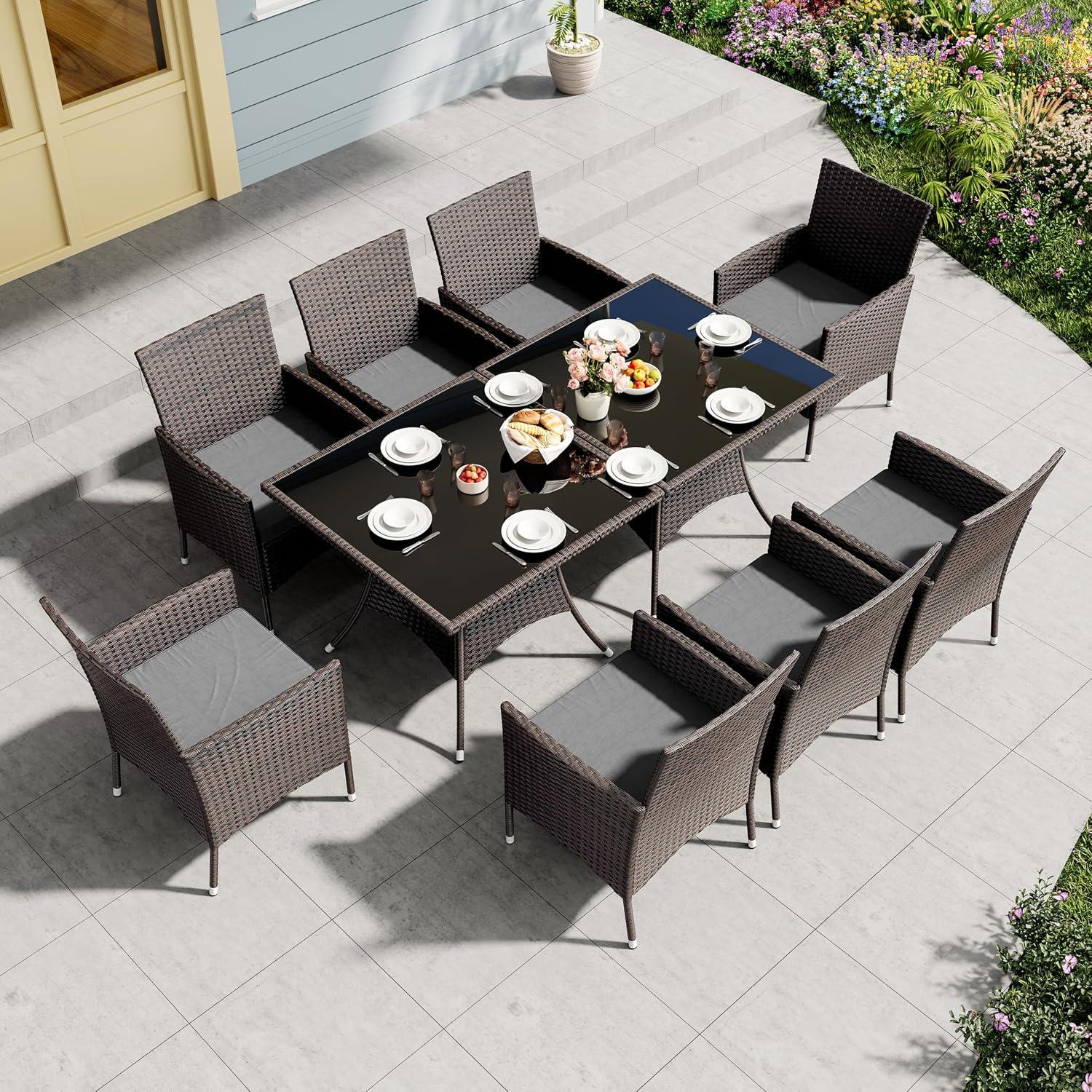 10 Pieces Outdoor Patio Dining Set,Patio Table and Chairs Rattan Outdoor Patio Furniture Set with Umbrella Hole,Dining Table Set for 8 with Chairs for Backyard,Garden and Kitchen,Grey