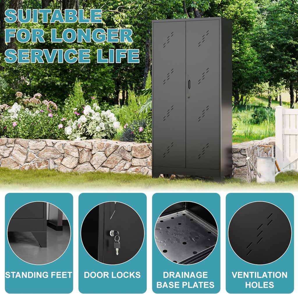 Metal Storage Cabinet 71' H, Garege Storage with Stainless Steel Bottom, Black Cleaning Supplies Organization Cabinet with Lockable Doors and Hanging Rod for Outdoor, Home Office
