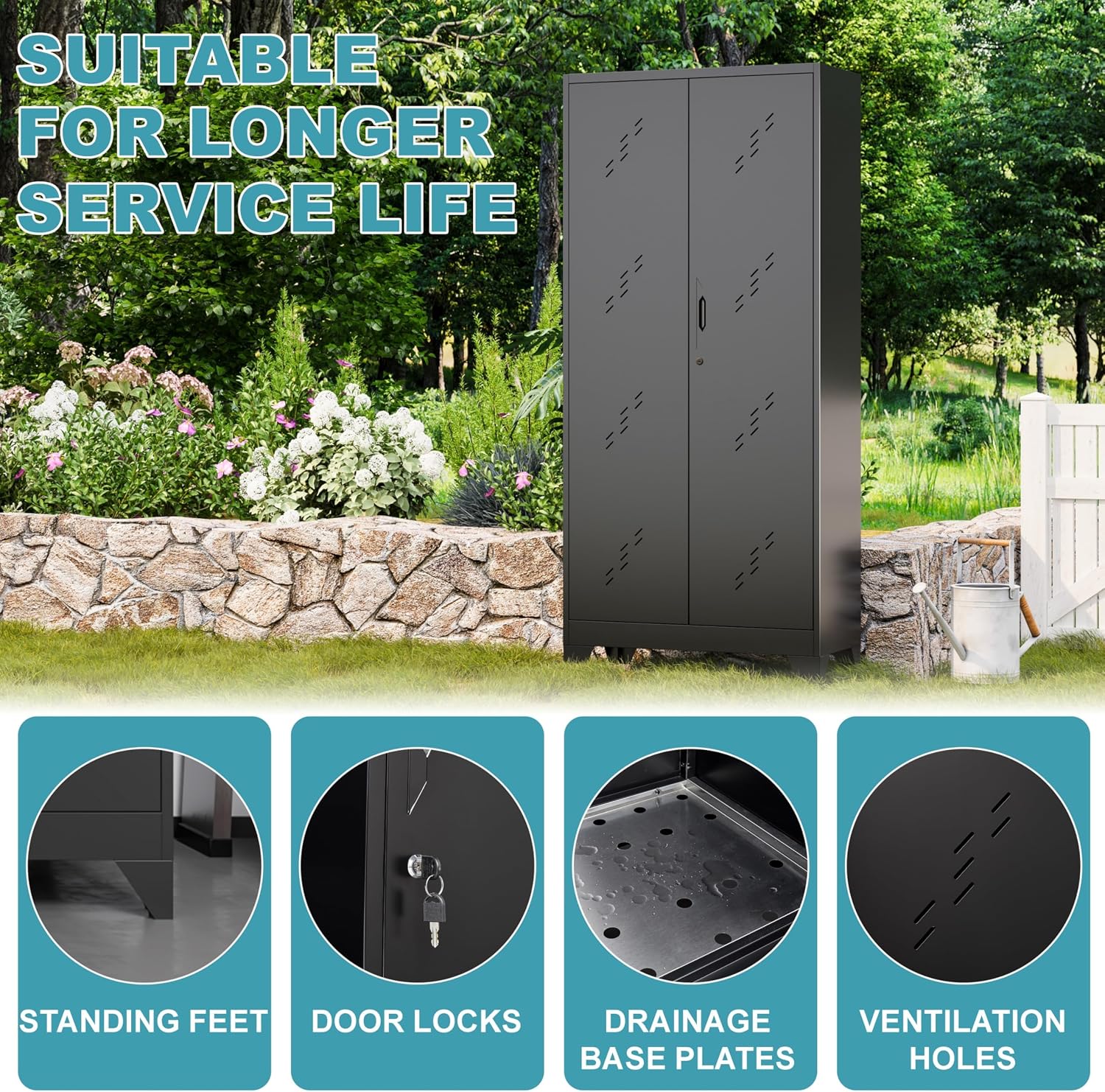 Metal Storage Cabinet 71' H, Garege Storage with Stainless Steel Bottom, Black Cleaning Supplies Organization Cabinet with Lockable Doors and Hanging Rod for Outdoor, Home Office