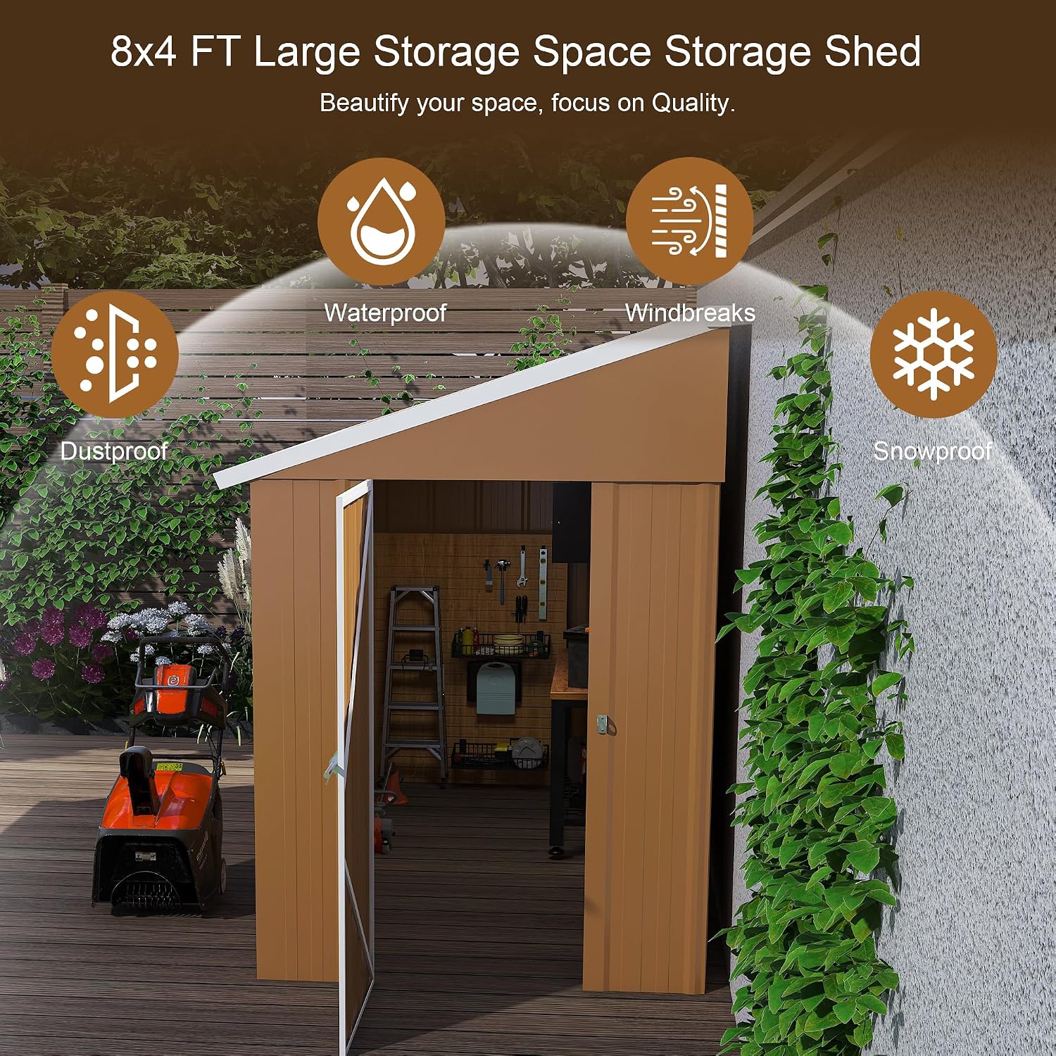 YOPTO 8x4 FT Sheds & Outdoor Storage,Heavy-Duty Metal Steel Shed with Windows and Weatherproof Sloped Roof,Waterproof Tool Sheds w/Lockable Door & Ventilation,for Garden,Lawn,Brown