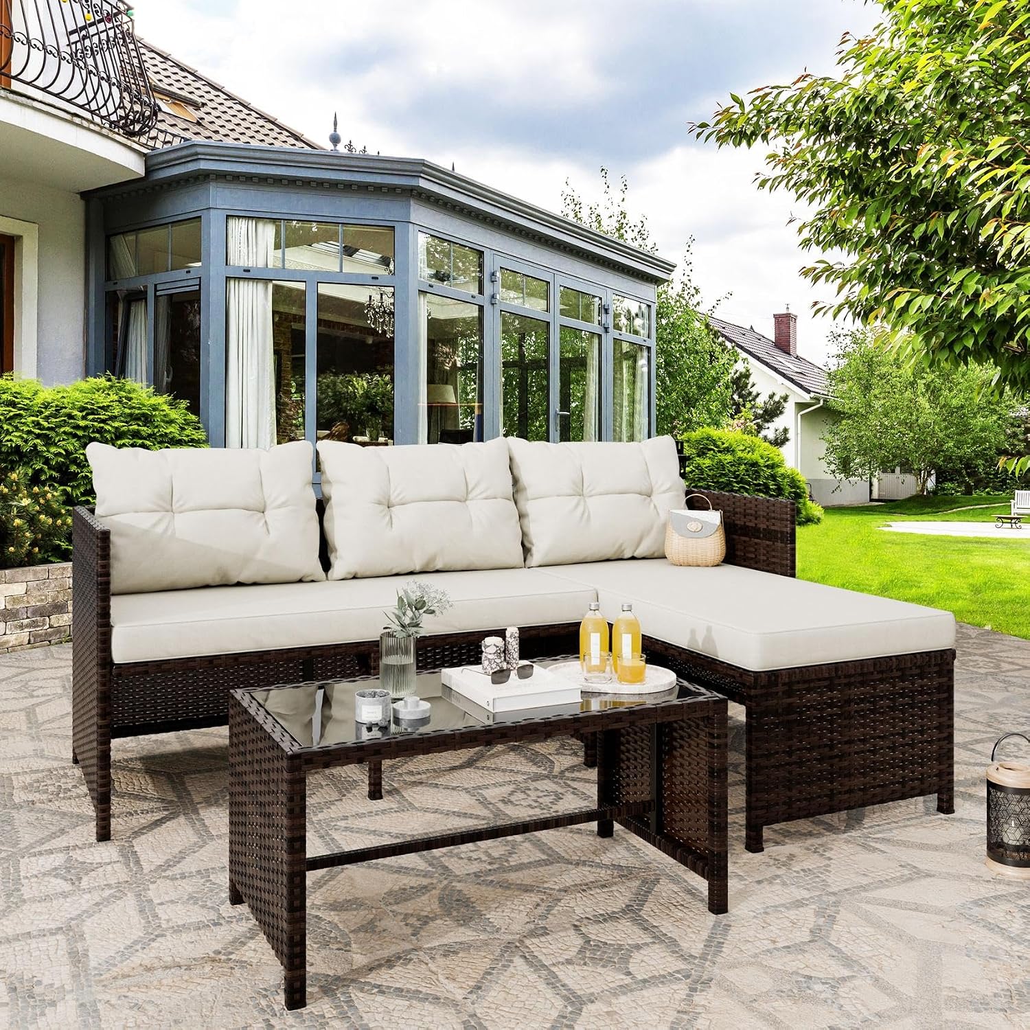 Vongrasig 3 Piece Patio Furniture Sets, All-Weather PE Wicker Outdoor Sofa Couch Sectional Set, Small Conversation Set for Garden/Patio w/Cushion, Glass Table, (Beige)