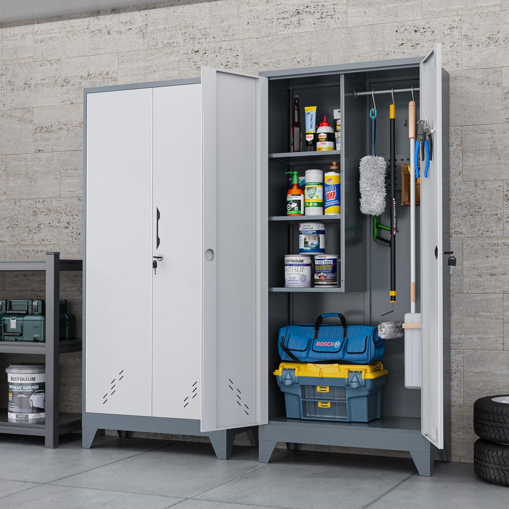 Storage Cabinet 61' H, Locking Cabinet with Doors and Shelves, Metal Pantry Cabinets for Tool Organization,Gray White Cabinet with Removable Pegboard for Garage,Utility Room,Office