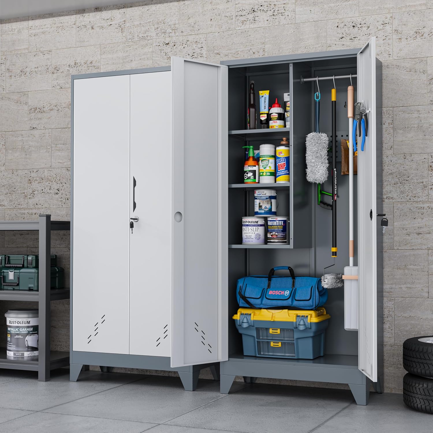 Storage Cabinet 61' H, Locking Cabinet with Doors and Shelves, Metal Pantry Cabinets for Tool Organization,Gray White Cabinet with Removable Pegboard for Garage,Utility Room,Office