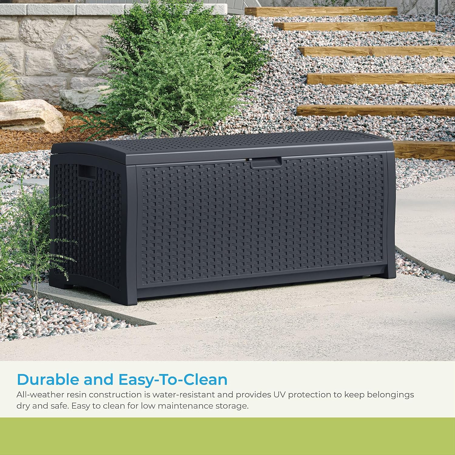Suncast Outdoor Storage Box - 73 Gallon Cyberspace Resin Wicker Deck Box with Lockable Lid, Outdoor Storage Bin for Patio Cushions, Shoes, Pool & Garden Gear, Made in USA