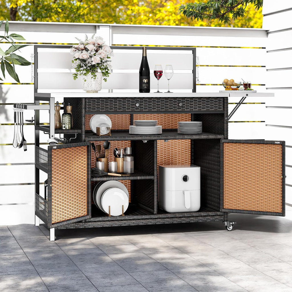 DWVO XL Outdoor Bar Table & Storage Cabinet, Wheels and Stainless Steel Extended Table Top, Patio Bar Table with Side Handle for Patio Kitchen or Bar Cart, Dark Brown