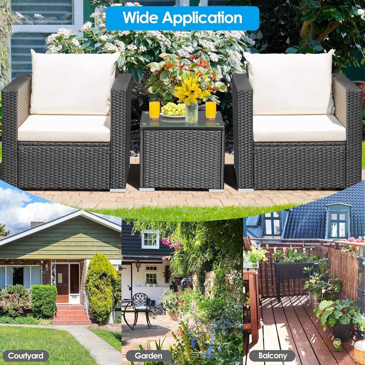 HAPPYGRILL 3 Pieces Rattan Patio Furniture Set, PE Wicker Patio Conversation Set with Coffee Table and Cushions, Outdoor Sofa Set for Garden Balcony Porch Poolside