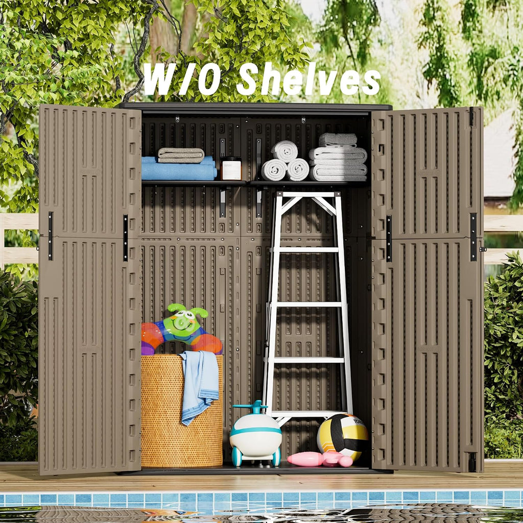Mrosaa Outdoor Storage Shed Waterproof,Resin Storage Cabinet Outdoor with Floor,Tall Outdoor Storage Box for Garage Storage, Pool Storage, Bike, Garden (57Cu.ft)-Brown