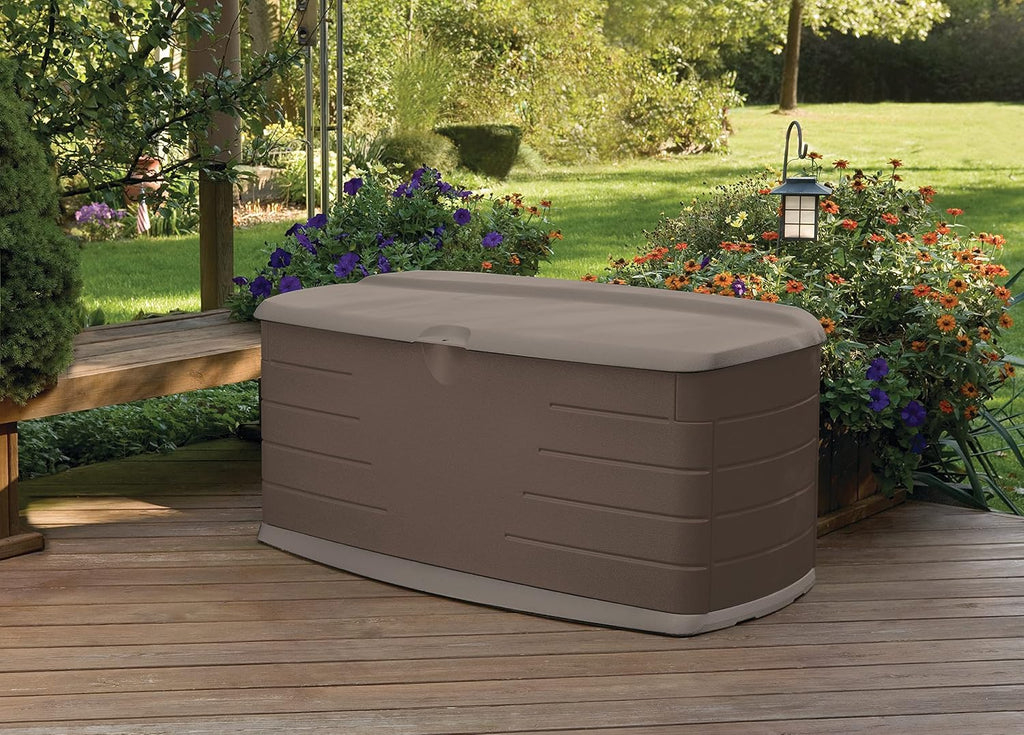 Rubbermaid Large Resin Outdoor Storage Deck Box with Seat (90 Gal), Weather Resistant, Brown, Deck Organization for Home/Backyard/Pool Chemicals/Toys/Garden Tools/Porch/Patio Cushions