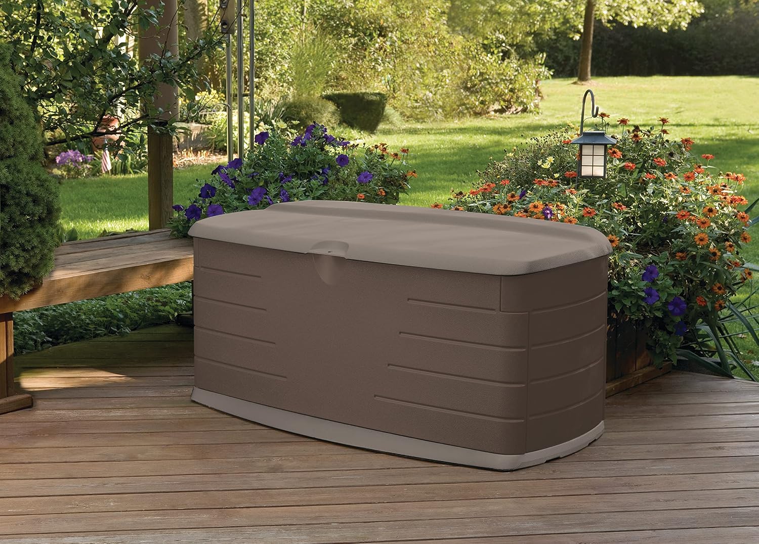 Rubbermaid Large Resin Outdoor Storage Deck Box with Seat (90 Gal), Weather Resistant, Brown, Deck Organization for Home/Backyard/Pool Chemicals/Toys/Garden Tools/Porch/Patio Cushions