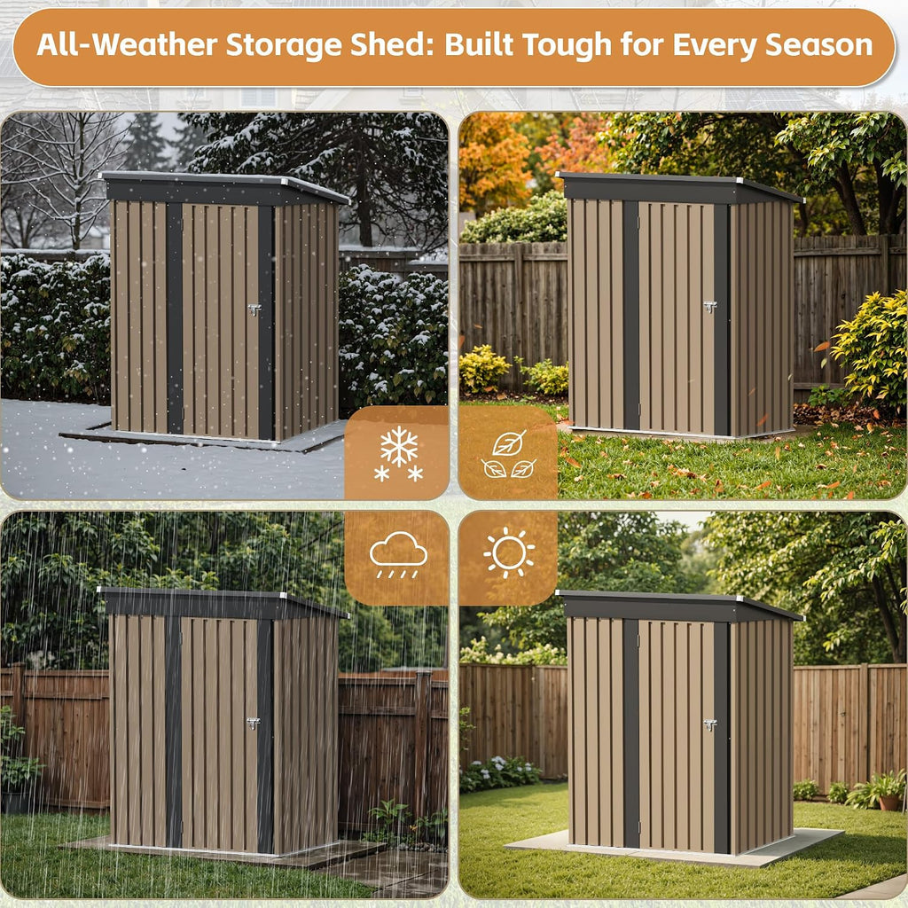 Greesum 5×3FT Outdoor Storage Shed, Metal Patio Storaged Sheds with Lockable Doors, Sheds & Outdoor Storage for Bike, Backyard, Pool and Garden, Brown