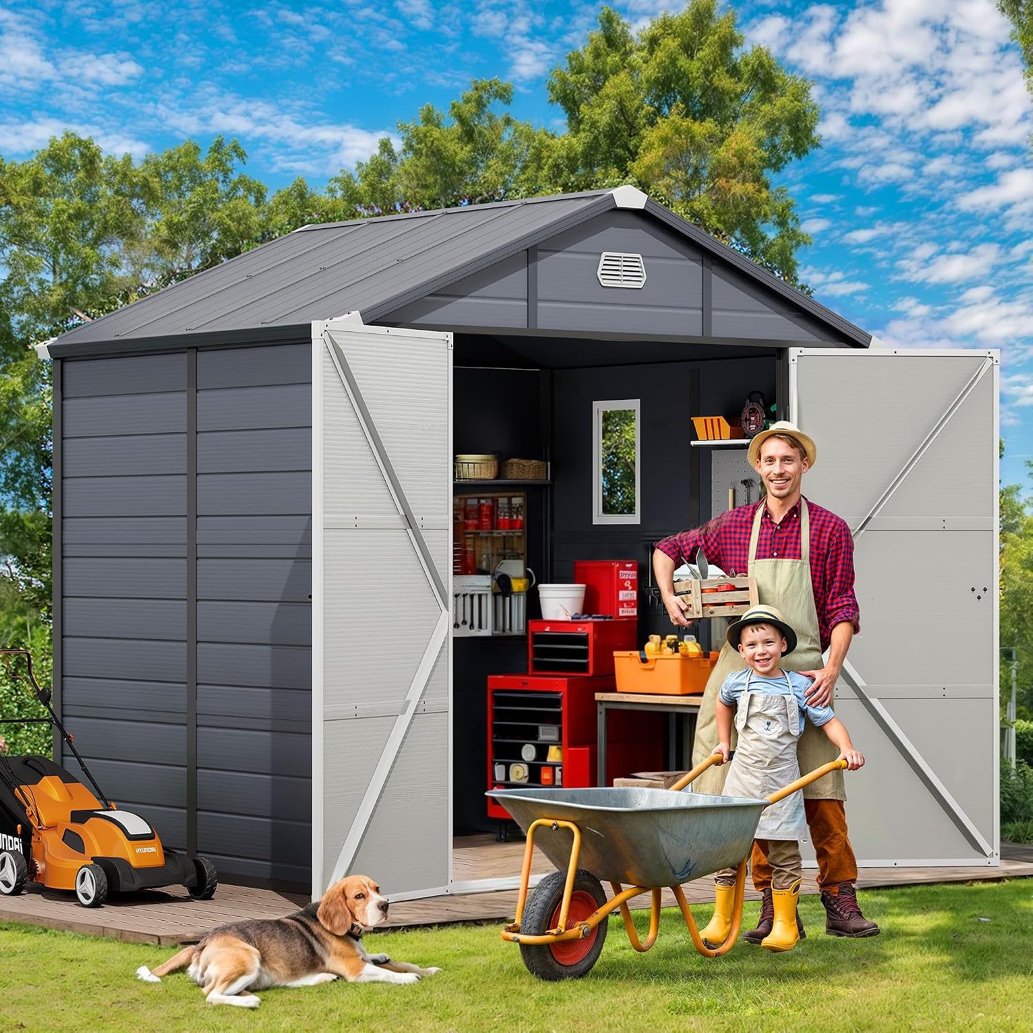 DWVO 8x6.2FT Outdoor Storage Shed w/o Floor, All-Weather Plastic Shed with Lockable Doors, Window & Vents, Plastic Tool Shed for Backyard, Patio, Poolside, Lawn, Gray