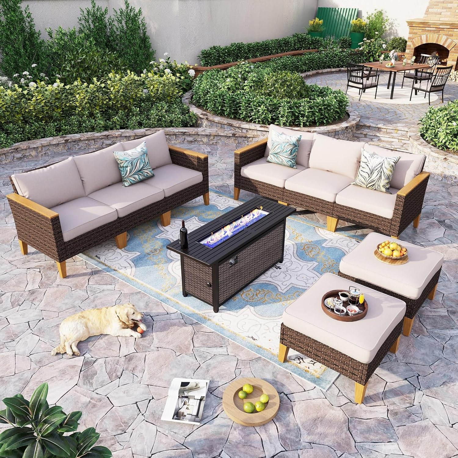 Sophia & William Outdoor Patio Furniture Set with Fire Pit Table Large & High Back 9PCS Wicker Patio Sectional Sofa Conversation Set with 56' Fire Table, Ottoman & 4' Thick Cushions,Beige