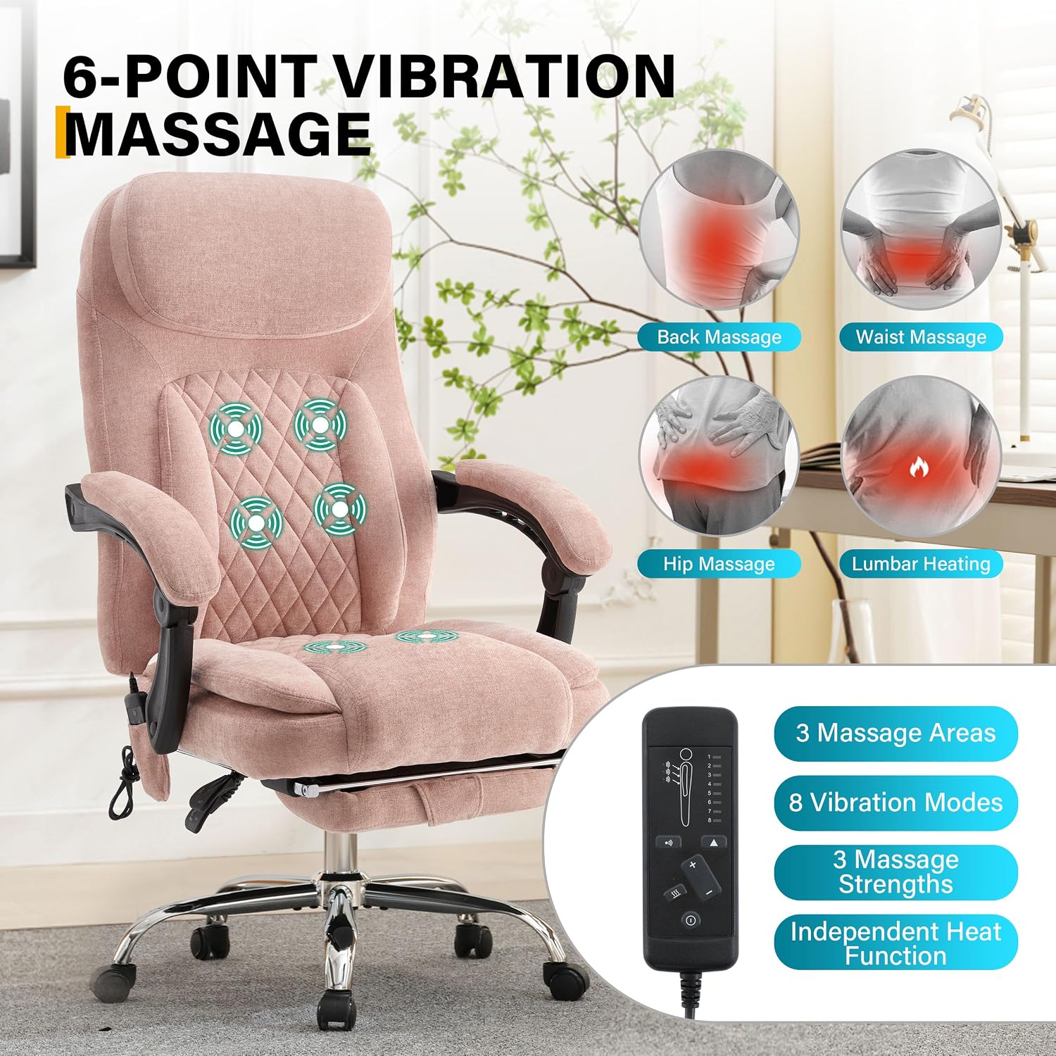 6-Point Massage Office Chair with Heated, Ergonomic Office Chair with Footrest & 45°Reclining High Back, Big and Tall Executive Office Chair 500LBS, Thick Cushion Desk Chair for Home Office, Pink