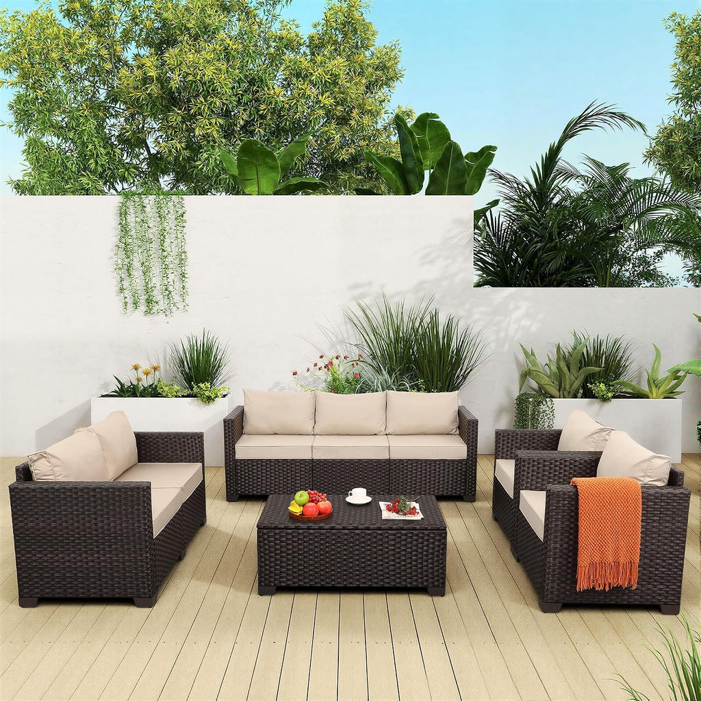 Rattaner 5-Piece Outdoor Furniture Set Patio Furniture Set Outdoor Couch Coffee Table with Storage Non-Slip Cushions and Waterproof Covers, Khaki