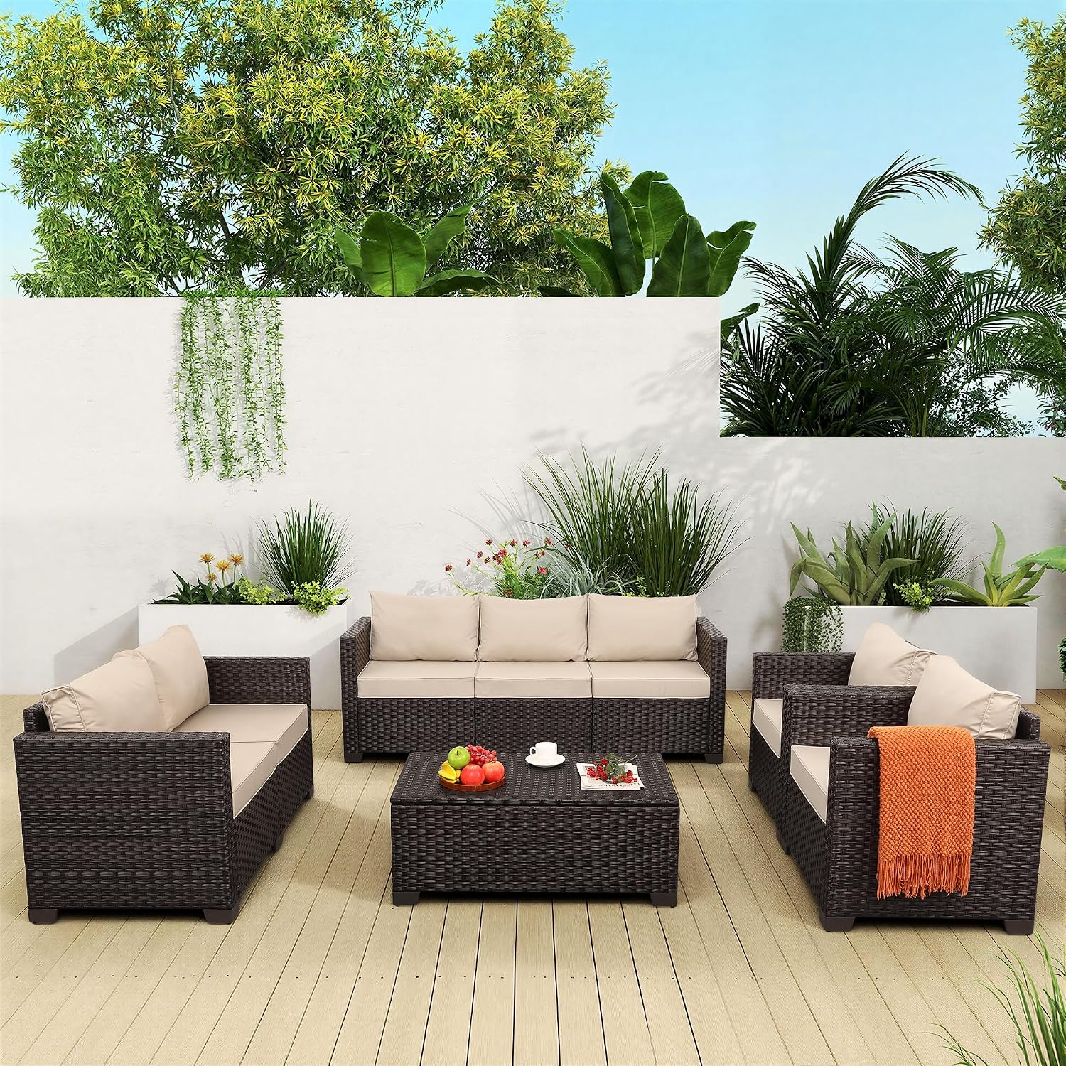 Rattaner 5-Piece Outdoor Furniture Set Patio Furniture Set Outdoor Couch Coffee Table with Storage Non-Slip Cushions and Waterproof Covers, Khaki