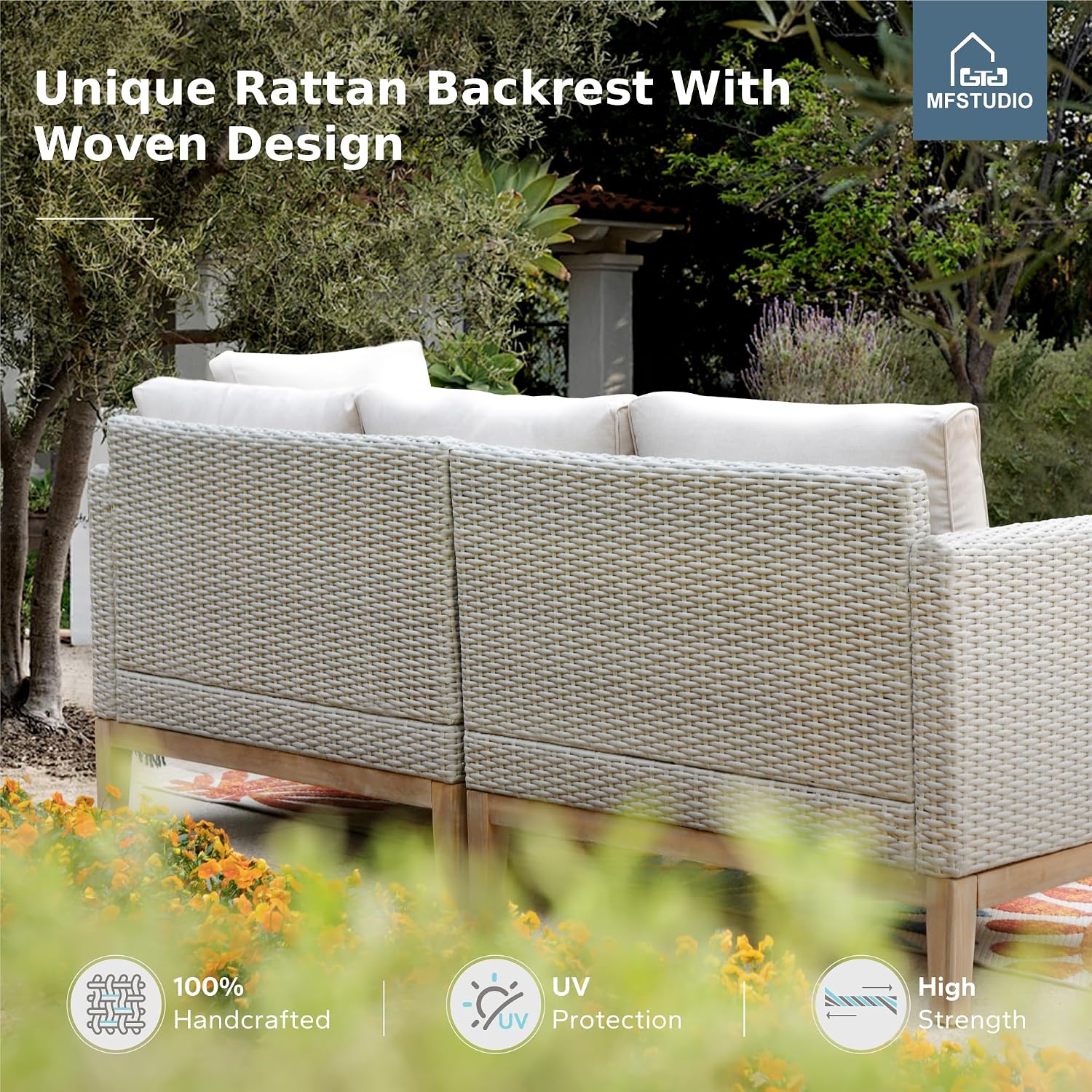 MFSTUDIO Wicker Patio Furniture Set, All Weather Rattan Outdoor Conversation Set with 2 Ottomans, 5 Pieces Patio Sectional Modular Sofa Couch Set with Wood Coffee Table, Beige Cushions