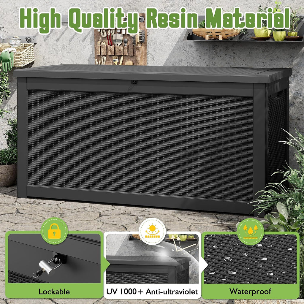 KAMABOKO 300 Gallon Outdoor Storage Box, Resin Deck Boxes Indoor and outdoor, Waterproof Storage Box Lockable Lid for Garden Tools, Package Delivery, Patio Cushions, Black