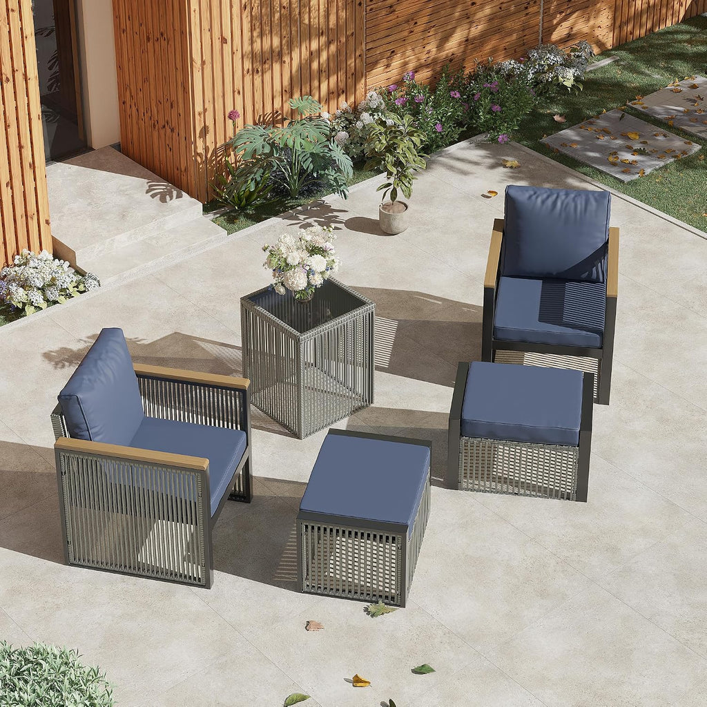 HOMREST 5 Pieces Patio Set Outdoor Furniture Set with Wood Armrest, Modern Chair Patio Conversation Sets with Ottomans and Coffee Table for Garden Balcony Backyard Poolside (Blue)
